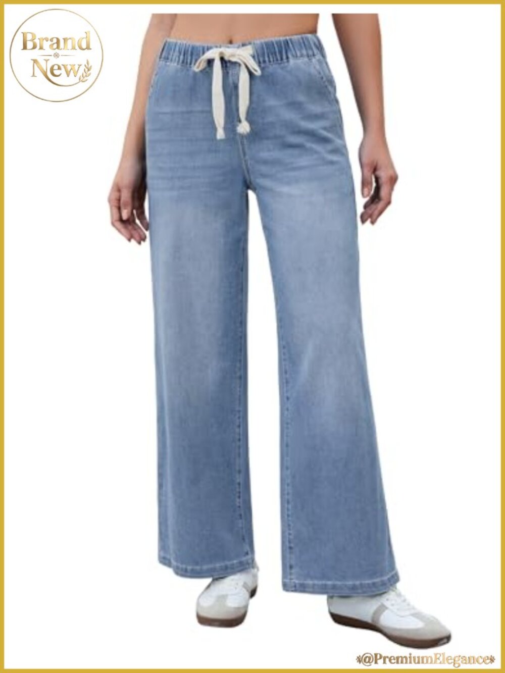 Wide Leg Jeans High Waisted Pull On Elastic Waist Stretchy Denim Pants with
